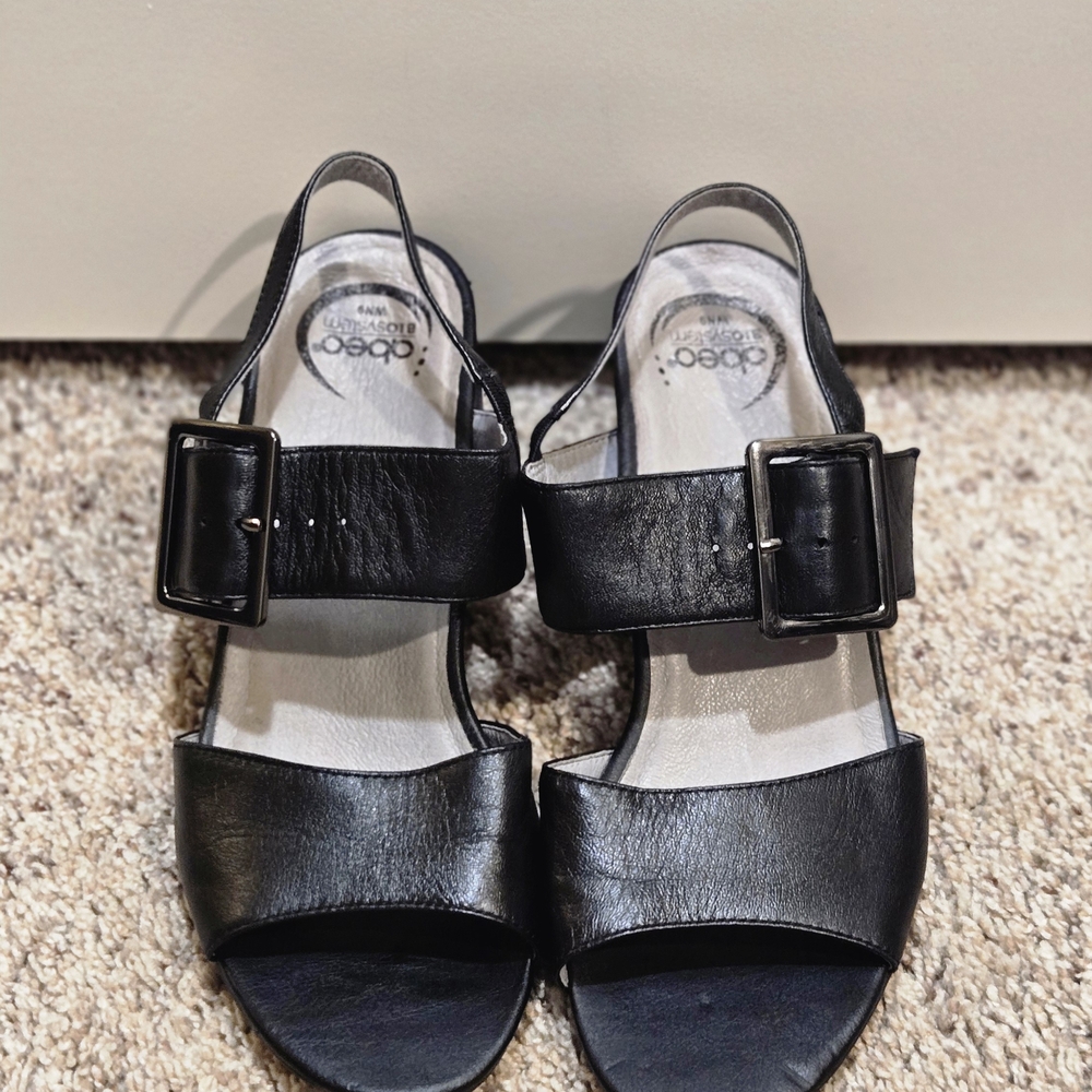 Abeo Black Leather Slingback Buckle Heels